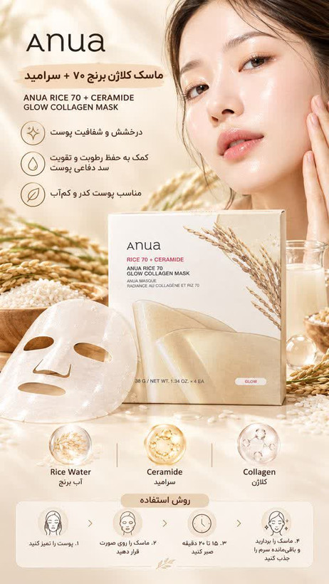 ماسک ورقه ای درخشان کننده آنوا حاوی عصاره برنج و سرامید