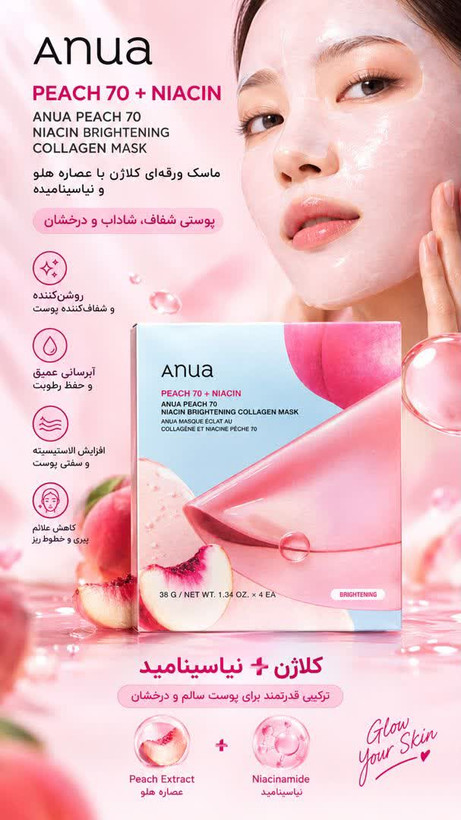 ماسک ورقه ای هلو و نیاسینامید کلاژن دار آنوا Anua روشن کننده و ضد لک